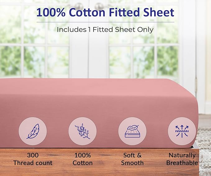 ROYALE LINENS 300 Thread Count 100% Long Staple Combed Cotton Fitted Sheet California King - Super Soft Deep Pocket Bottom Sheet - Fitted Sheets Only - Elastic Sheets (Cal King, Pink)
