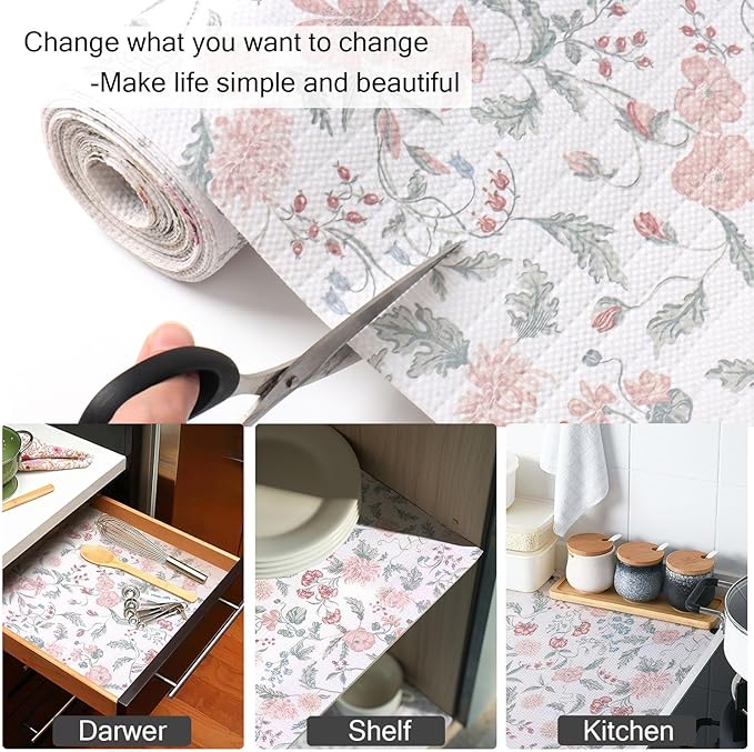 Floral Drawer and Shelf Liner for Cabinets, Non-Adhesive and Strong Non-Slip Shelf Cabinet Drawer Liners for Kitchen, Table,Bookshelves,Waterproof Cupboard Liners,Easy to Clean,12IN x 10FT