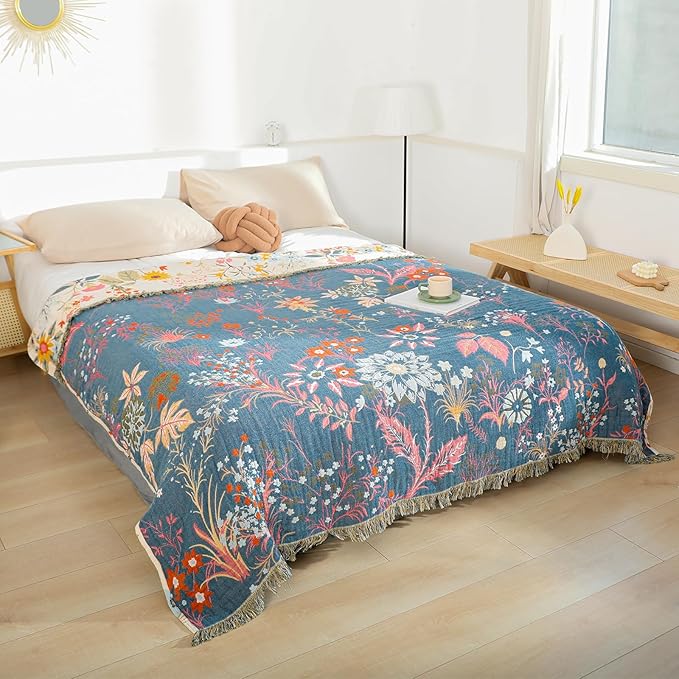 MSGKV Boho Throw Blanket for Couch Chair 100% Cotton Floral Blanket 50"x60" Sofa Blankets Lightweight Farmhouse Muslin Breathable Bed Blankets Home Decor All Seasons