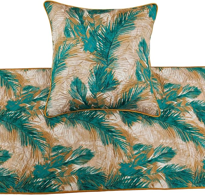 The HomeCentric King/Queen/Twin Green Decorative Full 68"x18" Bed Runner with 2 Pillow Cover, Plam Leaves & Quilted Bed Scarf on Satin Fabric - Palms
