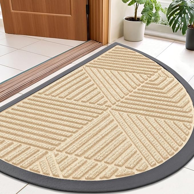 Smiry Half Circle Front Door Mat Outside Entrance, Heavy Duty Sturdy Natural Rubber Doormat, Trap Dirt and Moisture, Low Profile Mats for Indoor Outdoor Entry, Irregular Triangle (36x24, Beige)
