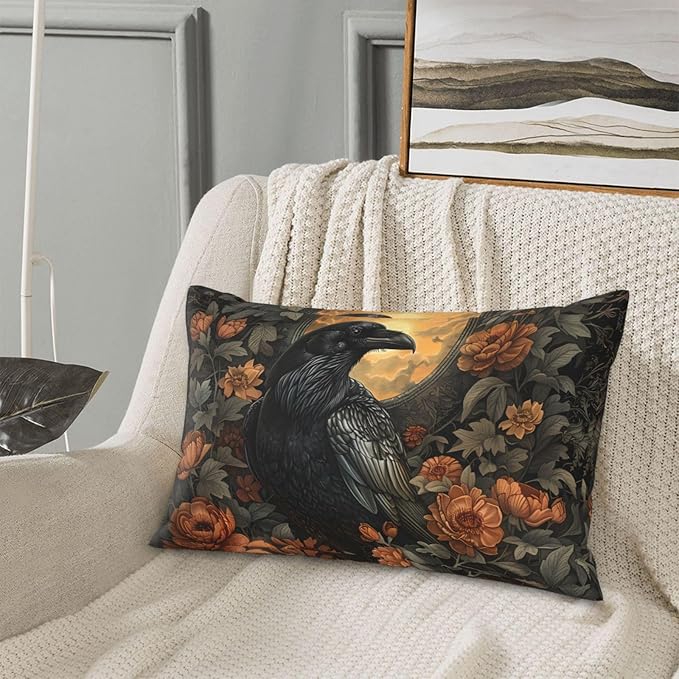 Mystical Raven Art Print Decor, William Morris Abstract Vintage Floral Design 20x12 inches Throw Pillow Covers Square Pillowcases Decor for Bed Couch Sofa Room Cushion Covers