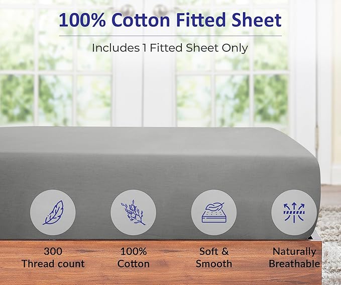 ROYALE LINENS 300 Thread Count 100% Long Staple Combed Cotton Fitted Sheet Queen - Super Soft Deep Pocket Bottom Sheet - Fitted Sheets Only - Elastic Sheets (Queen, Silver)