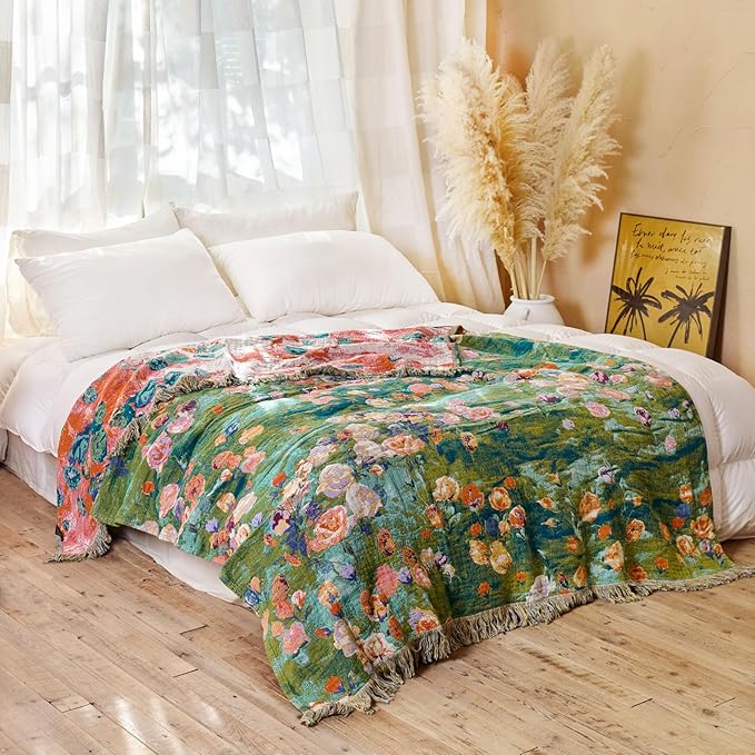 MSGKV Boho Throw Blanket for Couch Cotton Floral Blanket 50"x60" for Sofa Chair Throws Muslin Breathable Lightweight Farmhouse Blankets Home Decor All Seasons