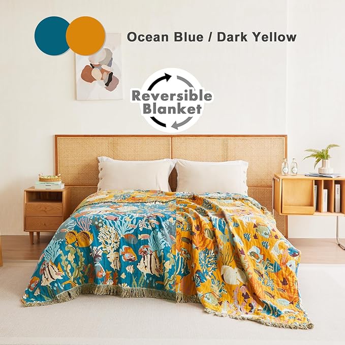 MSGKV Throw Blanket for Bed Cotton Cute Ocean Animals Twin Size Couch Blanket 60"x80" Muslin Breathable All Seasons Lightweight Farmhouse Home Decor