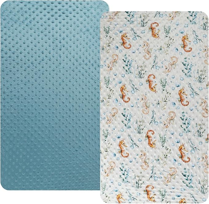 Dot Bassinet Sheet Set 2 Pack Stretch Fitted Cradle Sheets,Ultra Soft,Universal Fit Oval Rectangle Hourglass Pad/Mattress, for Baby Girls and Boys Blue, Seahorse