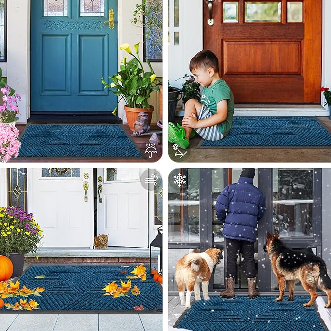 Smiry Front Door Mat Outside Entrance, Heavy Duty Sturdy Natural Rubber Doormat, Trap Dirt and Moisture, Easy Clean Low Profile Mats for Indoor Outdoor Entry, Irregular Triangle (36x24, Mixed Blue)