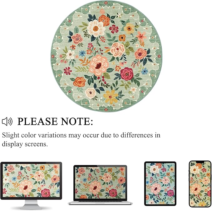 DUKINO Floral Round Rug, 6ft Washable Circle Rug, Non Slip Indoor Low Pile Circle Rug, Soft Small Boho Design Carpet for Bedroom, Entryway, Living Room, Dining Room, Green