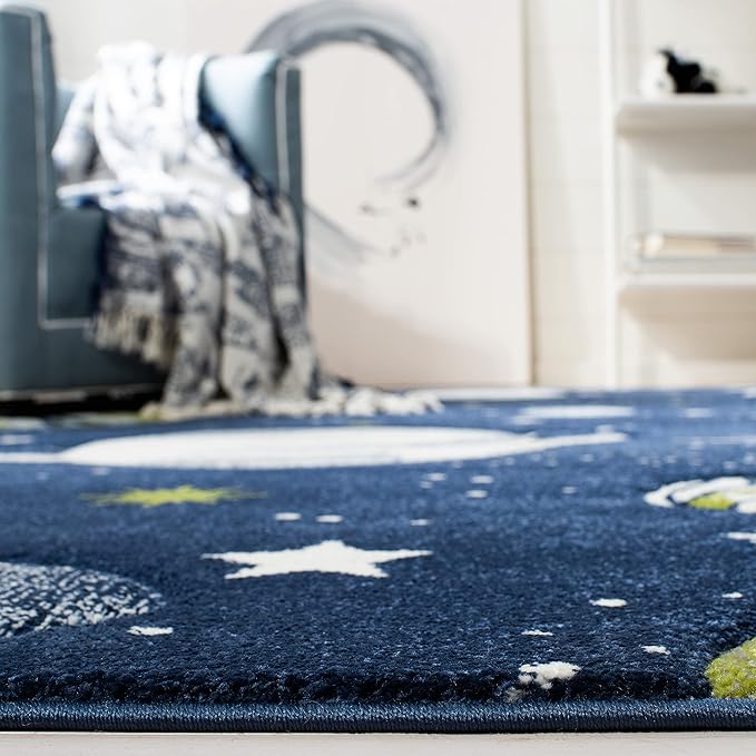 SAFAVIEH Carousel Kids Collection Area Rug - 3' Square, Navy & Ivory, Non-Shedding & Easy Care, Ideal for High Traffic Areas for Boys & Girls in Playroom, Nursery, Bedroom (CRK103N)