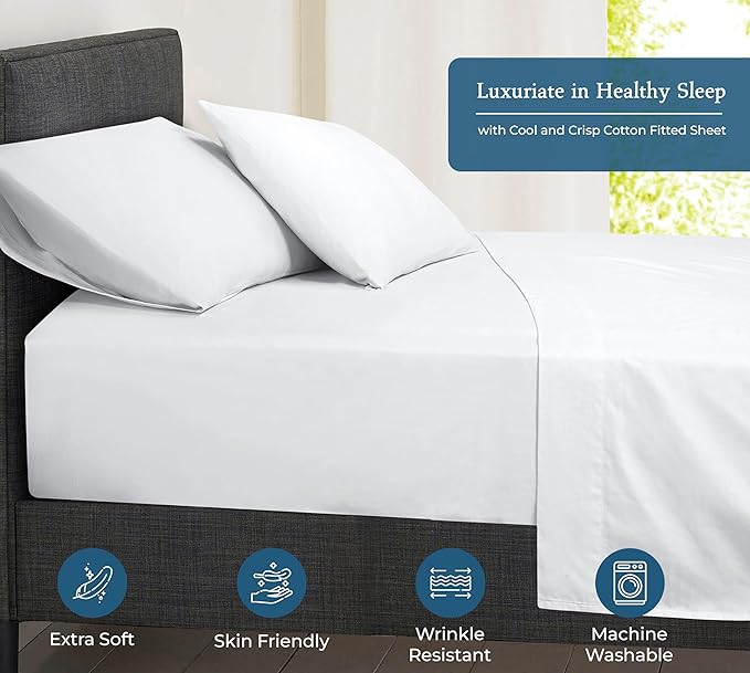 Royale Linen 400 Thread Count 100% American Grown Cotton Fitted Sheet Twin Size - All Around Elastic Fitted Sheet - Luxury Sateen Weave - Snug Fit Bottom Sheet Fit Up to 16" (Twin, Signature White)