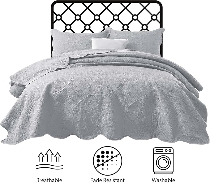 IR Imperial Rooms King Quilt Bedding Set Size (106" x 96") + 2 Pillow Shams (20" x 36"+ 2") - 3 Pcs All Season Lightweight Reversible Microfiber Coverlet Floral Embossed Quilt Bedspread (Silver)