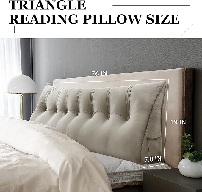 Wedge Headboard Pillow Dorm Room Reading Pillow Back Support for Sitting Up in Bed Bolster Lumbar Cushion Body Positioning Bedrest Velvet 76in Light Tan King