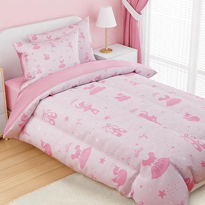 SANDJEST Ballerina Comforter Set Full Size 98x86in for Kids Girls, Microfiber 4 Pcs Bedding Set Includes 1 Comforter, 2 Pillowcases, 1 Fitted Sheet, Nursery Room Decor