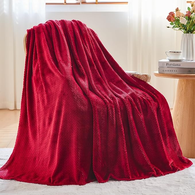 NEWCOSPLAY Super Soft King Blanket Red Premium Silky Flannel Fleece Leaves Pattern Lightweight Bed Blanket All Season Use (Red, King(90"x110"))