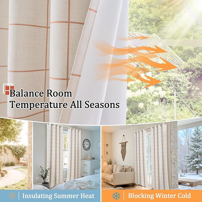Linen Blackout Curtains for Living Room - Plaid Patterned Curtains 72 Inch Long, Boho Black Out Thermal Insulated Drapes for Bedroom Grommet Style 52x72 Inch 2 Panels, Terracotta