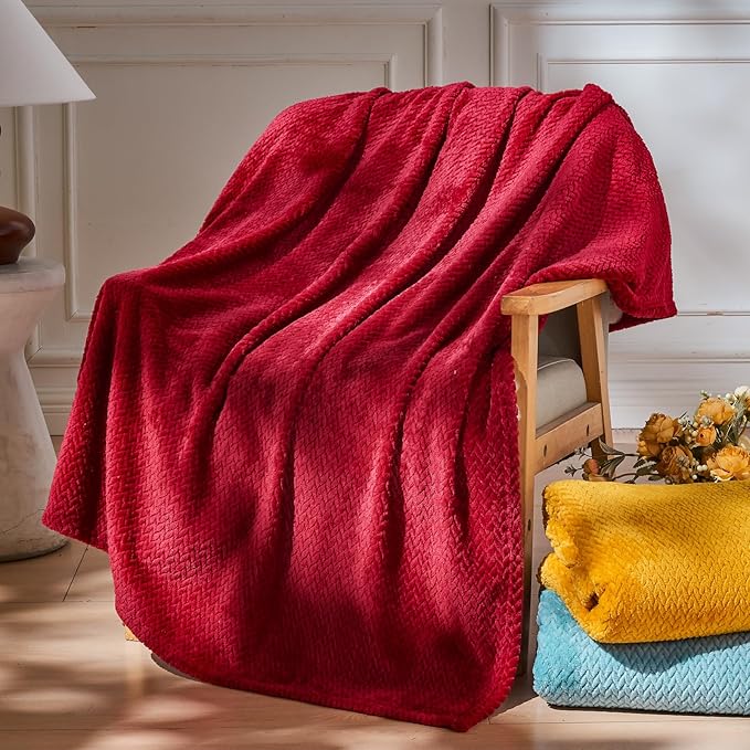 NEWCOSPLAY Super Soft Throw Blanket Red Premium Silky Flannel Fleece Leaves Pattern Lightweight Bed Blanket All Season Use (Red, Throw(50"x60"))