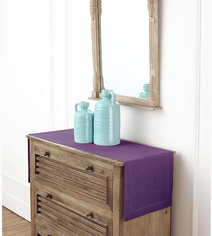 Solino Home Linen Purple Table Runner 48 Inches - Classic Hemstitch, 100% Pure Linen Coffee Table Runner 14 x 48 Inch Ideal for Dresser Tables - Winter, Holiday, Christmas