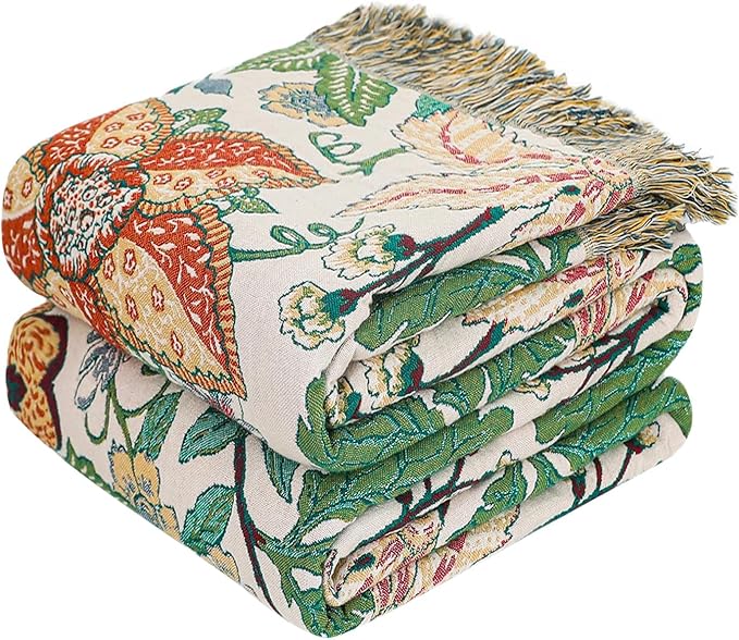MSGKV Boho Throw Blanket for Couch Chair 100% Cotton Embroidery Floral Blanket 50"x60" Sofa Blankets for All Seasons Lightweight Farmhouse Muslin Breathable Bed Blankets Home Decor