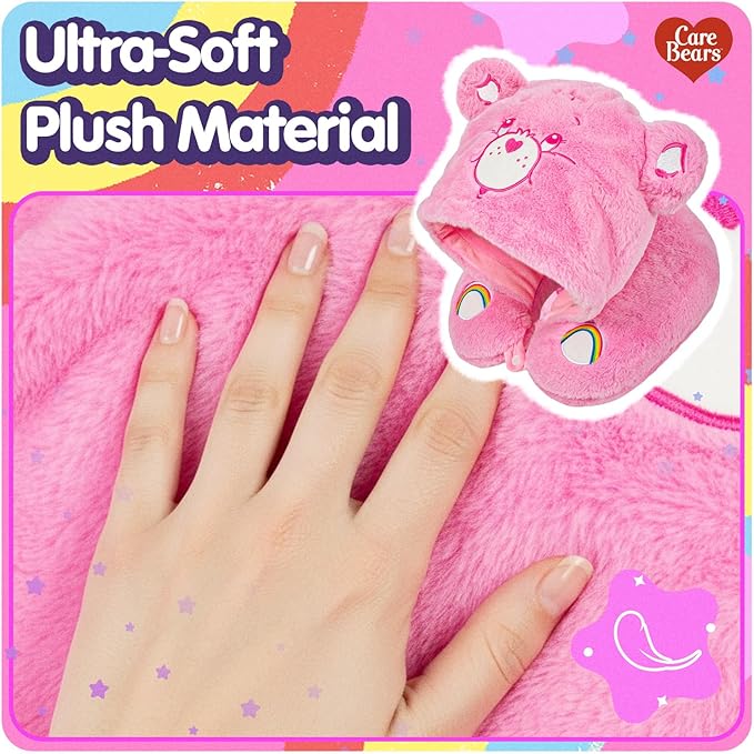 Care Bears - Cheer Bear Snuggle Hood, Travel Pillow with Hood, Soft Plush Neck Support, Lightweight, Comfortable and Breathable, Airplane, Care and Train Travel - Pink