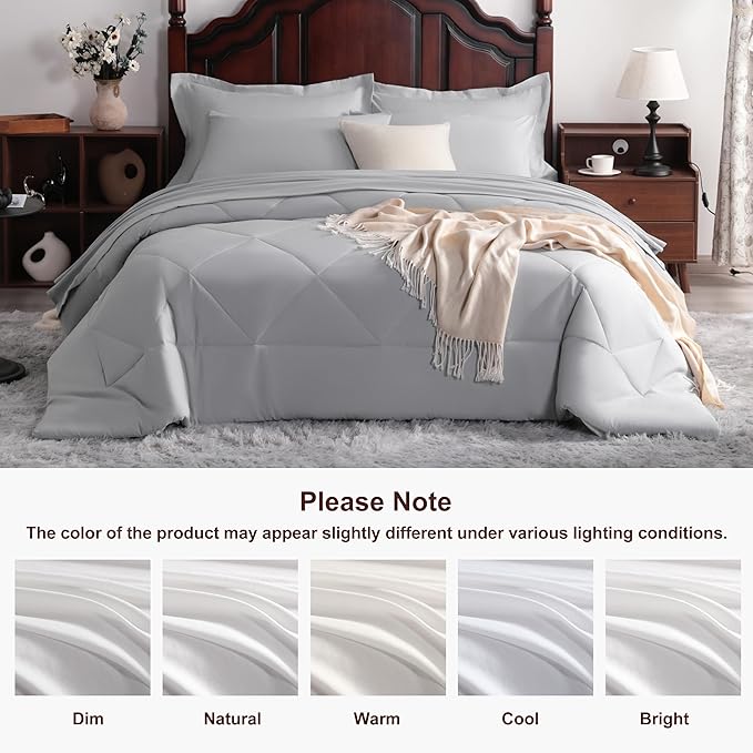 NTBAY King Comforter Set with Sheets, 7 Pieces Soft and Breathable King Bedding Set, Bed in a Bag, Down Alternative Comforter Set Solid Color All Season, King Bedding Set, Light Grey