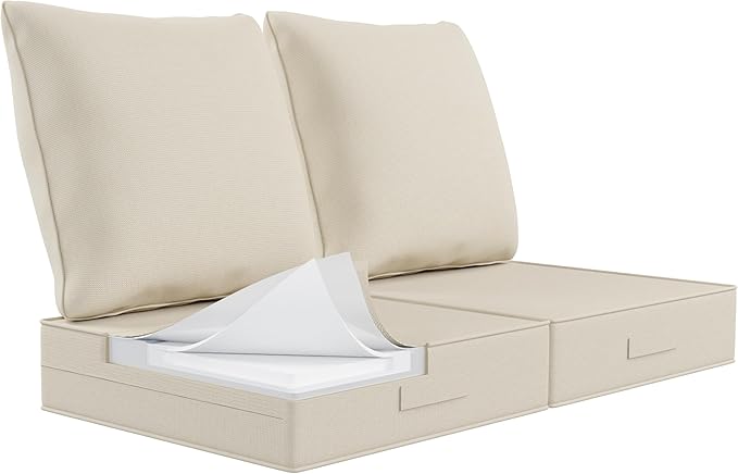 Outdoor Olefin Water-Resistant Deep Seat Cushion Set, 24''x24''x6'' Weather and Fade Resistant Patio Furniture Seat Cushion, Thickened Sofa Chair Pad with Straps for Lawn, Garden, Gray Apricot