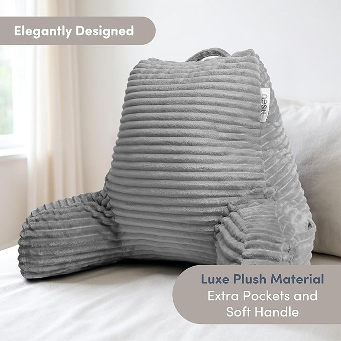 Nestl Reading Pillow with Shredded Memory Foam, Luxe Cut Plush Back Pillow for Sitting Up in Bed, Back and Arms Adjustable Support for Adult & Teens, Backrest Pillows with Washable Cover Light Grey
