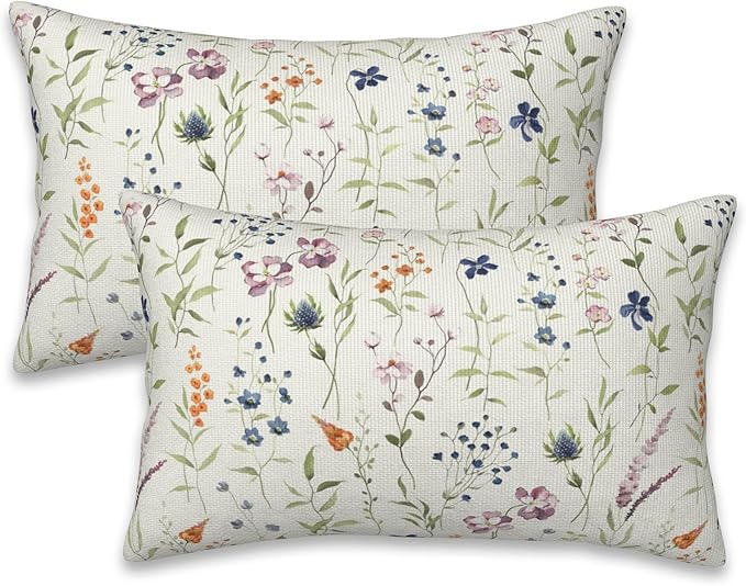 Throw Pillow Covers Spring Summer Floral Pillow Covers 20x12 Inch Set of 2 Watercolor Flowers Throw Pillows Decorative Pillow Cases Cushion Covers for Bedroom Livingroom Sofa Farm House