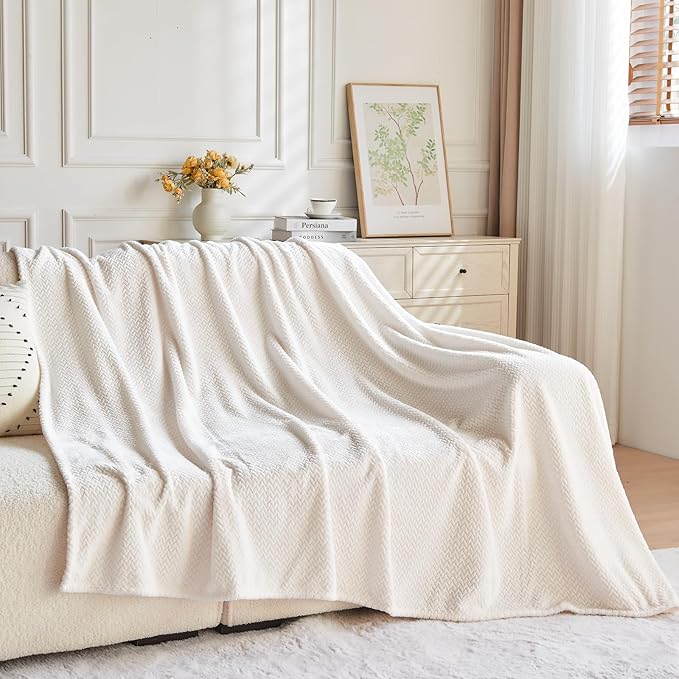 NEWCOSPLAY Super Soft King Blanket Ivory Premium Silky Flannel Fleece Leaves Pattern Lightweight Bed Blanket All Season Use (Ivory, King(90"x110"))