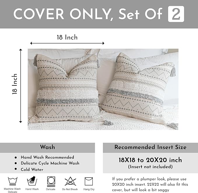 BlissBlush Gray Decorative Throw Pillow Cover 18X18 Combo Set of 2 Square Boho Neutral Grey Accent Pillowcase Tassels Farmhouse Cushion for Couch Sofa Bedroom Living Room Home Décor Cover ONLY