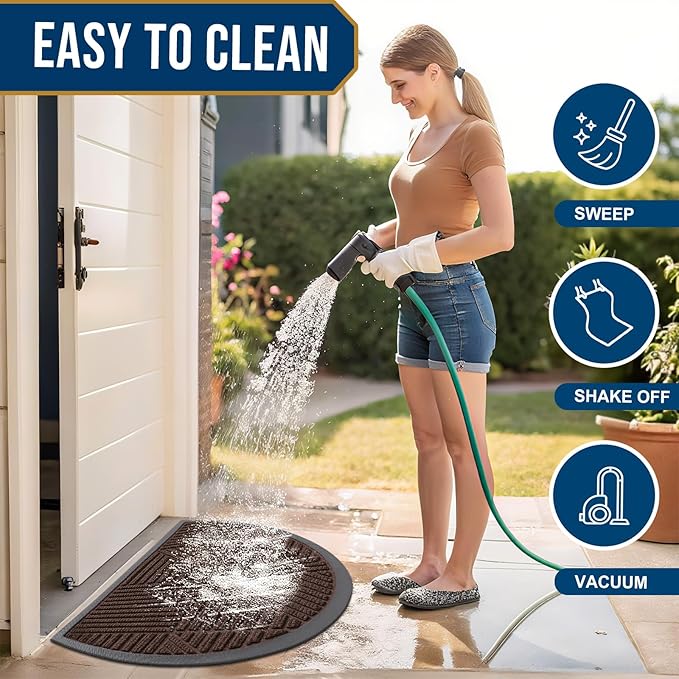 Smiry Half Circle Front Door Mat Outside Entrance, Heavy Duty Sturdy Natural Rubber Doormat, Trap Dirt and Moisture, Low Profile Mats for Indoor Outdoor Entry, Irregular Triangle (29.5x17, Dark Brown)