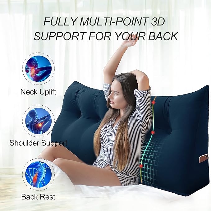 Wedge Headboard Pillow Dorm Room Reading Pillow Back Support for Sitting Up in Bed Bolster Lumbar Cushion Body Positioning Bedrest Velvet 76in Navy Blue King