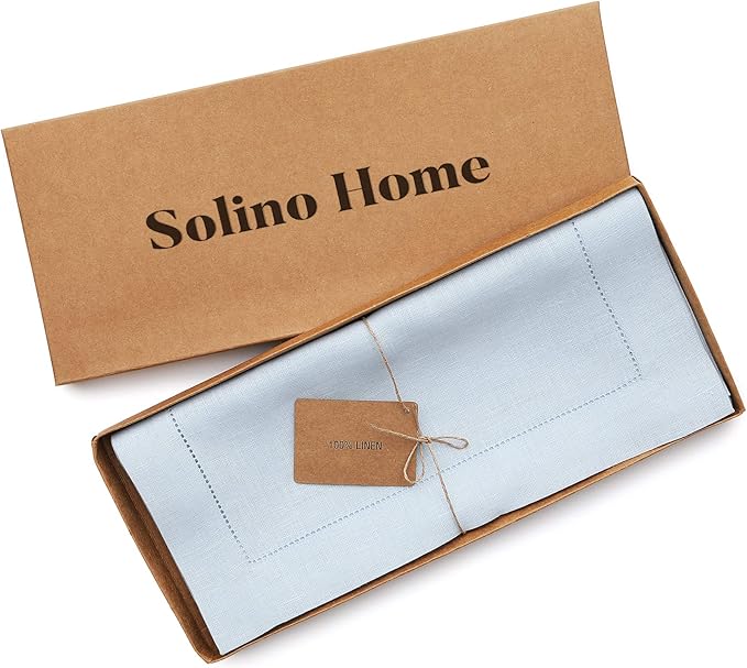Solino Home Linen Light Blue Table Runner 132 Inches Long - 100% Pure Linen Extra Long Table Runner 14 x 132 Inch for Winter, Christmas, New Year - Classic Hemstitch