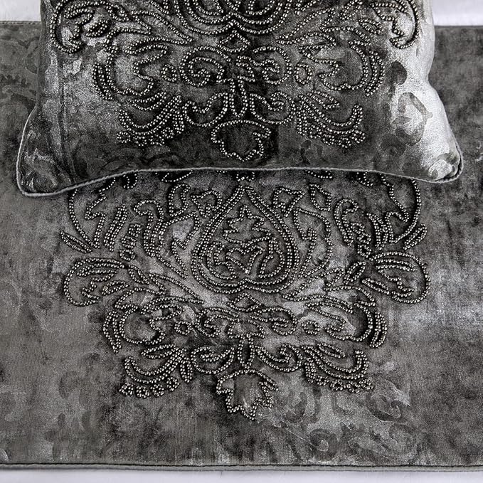 HomeCentric Designer Bed Runner with Decorative Throw Pillow Cover, 53 x 18 Inch Damask Twin Size Scarf in Foil Velvet and Embroidery