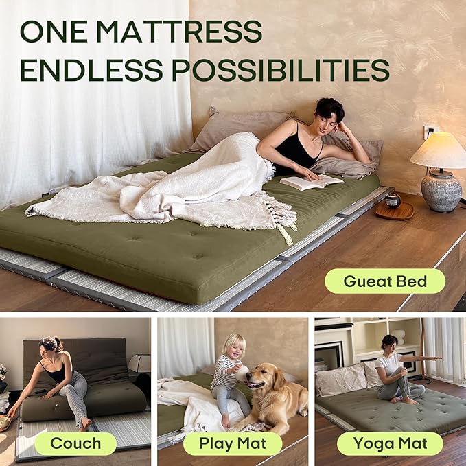 ZonLi Japanese Floor Futon Mattress Full Size 75"x 54", 100% Cotton Cover 4'' Thicken Tatami Mattress, Foldable Sleeping Pad, Portable Dormitory Tatami Mat, Roll Up Floor Lounger Bed for Adult