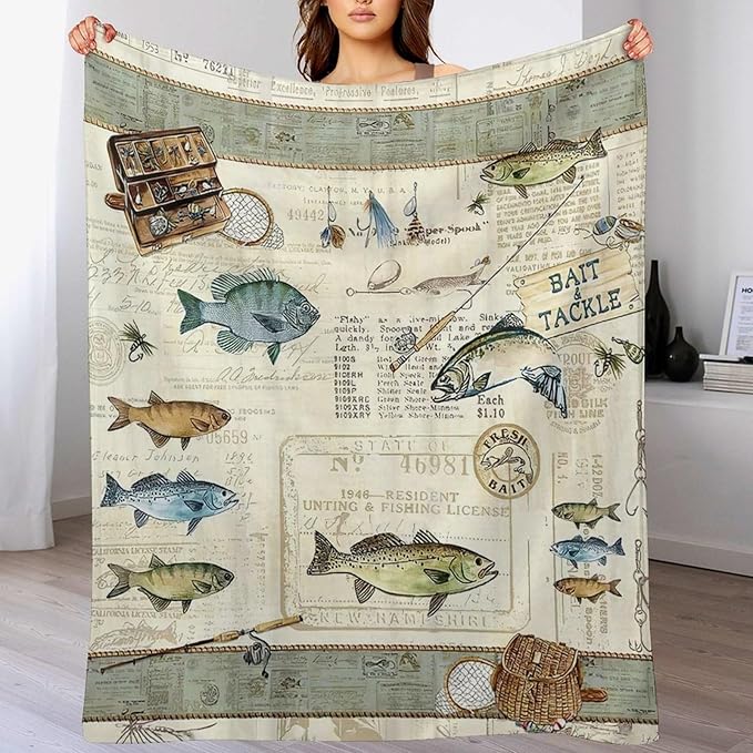 Fishing Blanket Fishing Gifts for Men Fish Throw Blanket Fishing Blanket for Kids Adults Soft Warm Cozy Fleece Blanket for Couch Sofa Bed 60"x80"