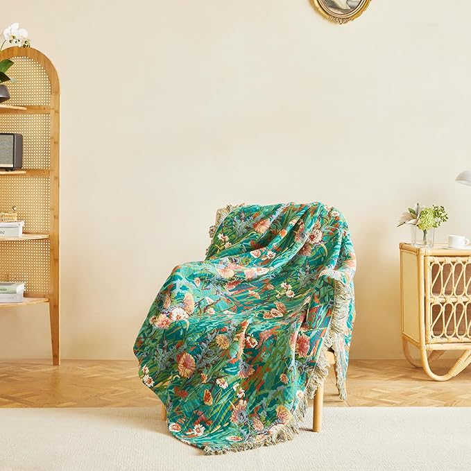 MSGKV Boho Throw Blanket 50"x60" Floral Blankets for Couch 100% Cotton Chair Sofa Throws Lightweight Farmhouse Muslin Breathable Bed Blankets Home Decor All Seasons