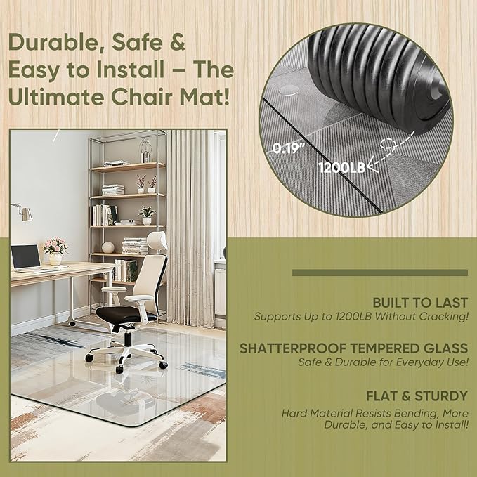 Office Chair Mat for Carpet & Hardwood, Upgraded 48" x 72" Tempered Glass Chair Mat for Office Home, with 4 Anti-Slip Pads
