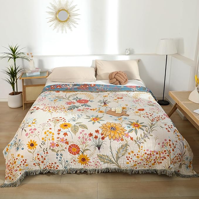 MSGKV Boho Throw Blanket for Couch Chair 100% Cotton Floral Blanket 50"x60" Sofa Blankets Lightweight Farmhouse Muslin Breathable Bed Blankets Home Decor All Seasons