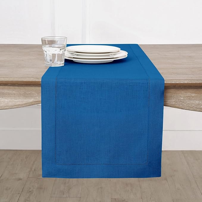Solino Home Linen Indigo Blue Table Runner 132 Inches Long - 100% Pure Linen Extra Long Table Runner 14 x 132 Inch - Classic Hemstitch