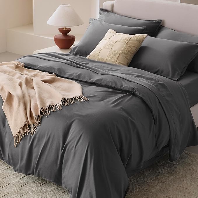 Double Stitch Cotton Tencel Duvet Cover - King Size Comforter Cover, Luxury & Soft Eucalyptus Lyocell Bedding Set for Hot Sleepers, Cooling, Smooth & Breathable, Button Closure, Ash Black, 106"x90"