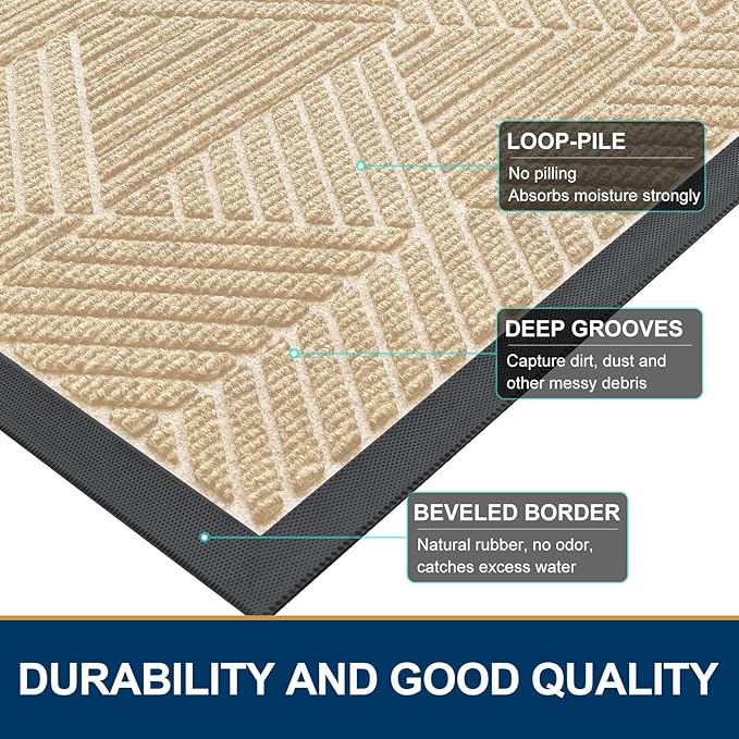 Smiry Front Door Mat Outside Entrance, Heavy Duty Sturdy Natural Rubber Doormat, Trap Dirt and Moisture, Easy Clean Low Profile Mats for Indoor Outdoor Entry, Irregular Triangle (59x24, Beige)