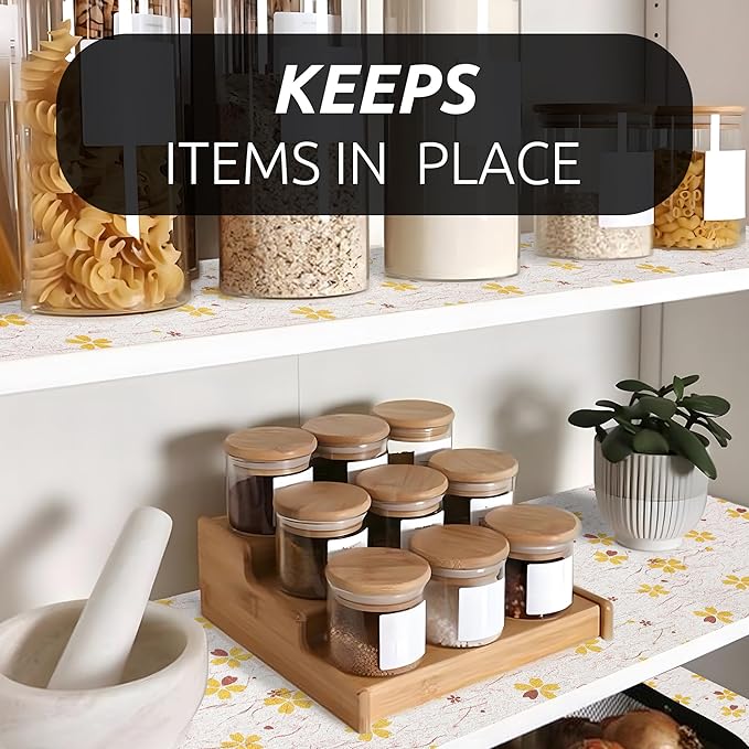 RAY STAR 18X96 Inch Shelf Liner for Kitchen Cabinets, Non-Adhesive Cabinet Liner Washable, PVC Drawer Liner for Dresser Non-Slip Bathroom (Yellow-Floral)(5 Roll)