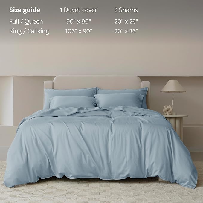 Double Stitch Cotton Tencel Duvet Cover - Queen Size Comforter Cover, Luxury & Soft Eucalyptus Lyocell Bedding Set for Hot Sleepers, Cooling & Breathable, Button Closure, Sterling Blue, 90"x90"