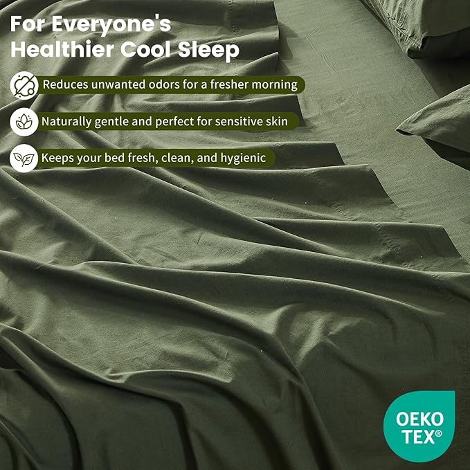 100% Linen Sheet Set Cal King Size Extra Deep Pocket Fits 18-24 Inch Mattress, Breathable & Soft, Smooth 4-Piece Set for Thick Mattresses Hotel Luxury Bedding（Cal King, Forest Green）