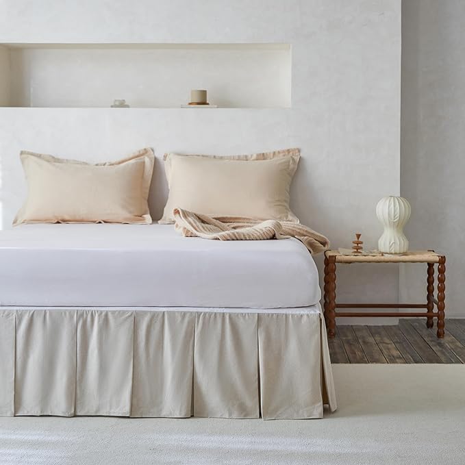 BISELINA French Linen Pleated Bed Skirt, 14" Tailored Draped Natural Linen-Cotton Blend Basic Dust Border Soft Comfort Farmhouse Bedding (14" Queen, Linen)