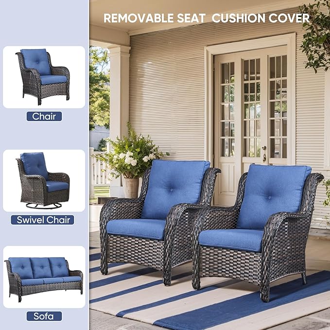 9-Piece Outdoor Patio Cushion Set - Fade & Water Resistant with Removable Olefin Cover, 22x24x4 Inch Memory Foam Cushions for Wicker Sectional Sofa – Blue/Buckle