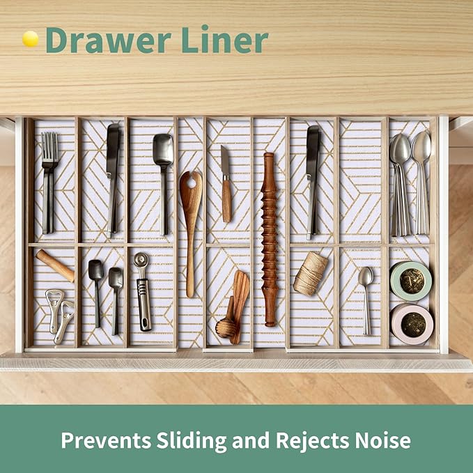 Shelf Liners for Kitchen Cabinets 17.5in x 20FT, Non Adhesive Cabinet Liner Strong Non-Slip Thickened Gold Geometric Drawer Liner, Easy to Clean for Shelf, Cabinet with Knife and Tape Measure