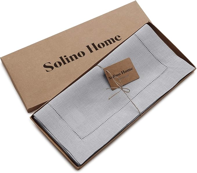 Solino Home Linen Soft Grey Table Runner 60 Inches - Classic Hemstitch, 100% Pure Linen Coffee Table Runner 14 x 60 Inch Ideal for Dresser Tables - Christmas, New Year