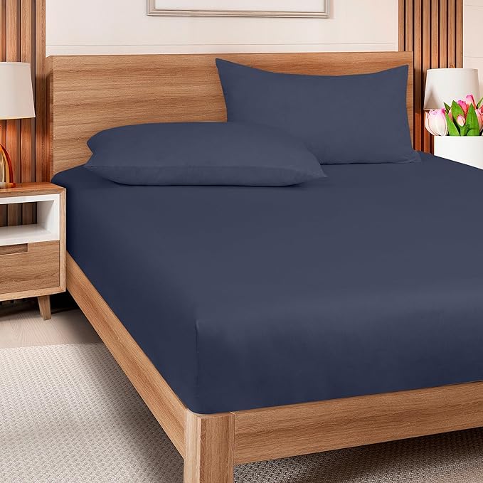 ROYALE LINENS 300 Thread Count 100% Long Staple Combed Cotton Fitted Sheet Full - Super Soft Deep Pocket Bottom Sheet - Fitted Sheets Only - Elastic Sheets (Full, Navy)