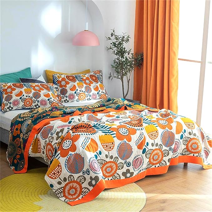 Boho Throw Blanket 60''x80'' for Bed Couch, Floral Muslin Bed Blankets Boho Quilt Travel Mexican 100% Cotton Super Soft Fall Blanket Picnic Blankets